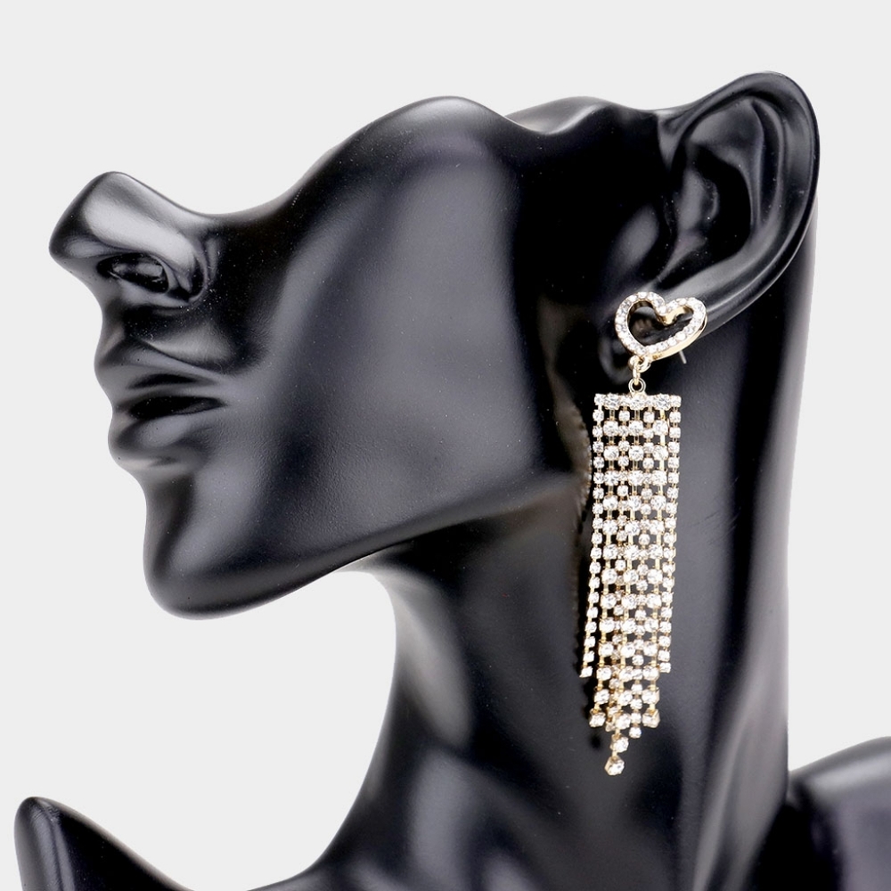 Gold Heart Teardrop Fringe Rhinestone Dangle Earrings Tassel Accessory